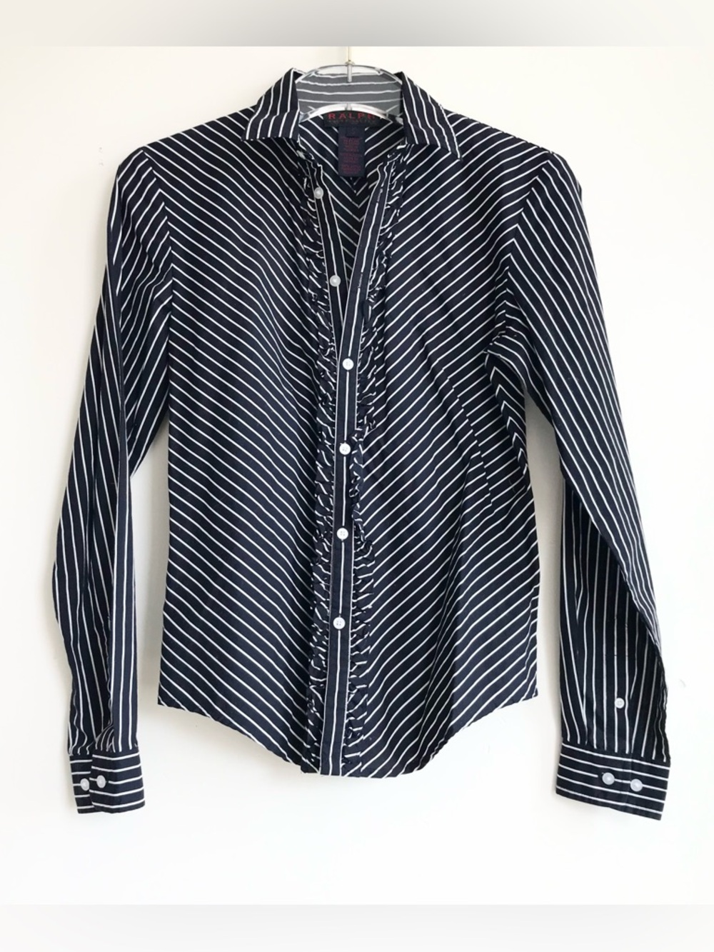 Vintage Ralph Lauren Black White Striped Ruffle-Trim Button Down Shirt Women’s S